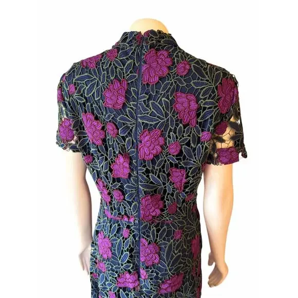 Tahari Crocheted Floral Mid Length Dress Navy Blue and Pink Size 8 - Picture 6 of 9